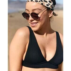 AERIE Waffle Longline Triangle High Cut Cheeky Bikini Black XL XXL